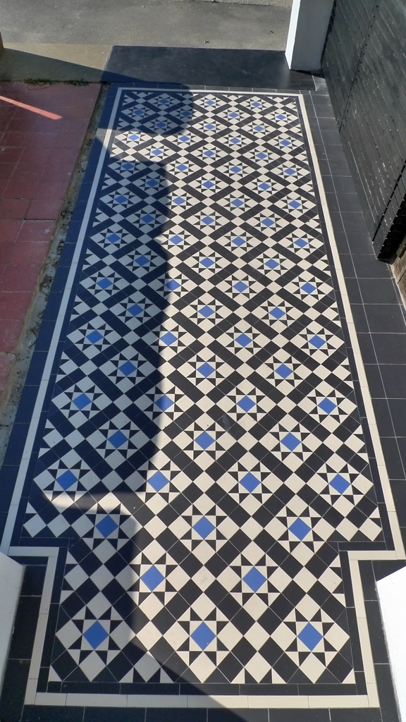 victorian mosaic tile path black white and blue dulwich