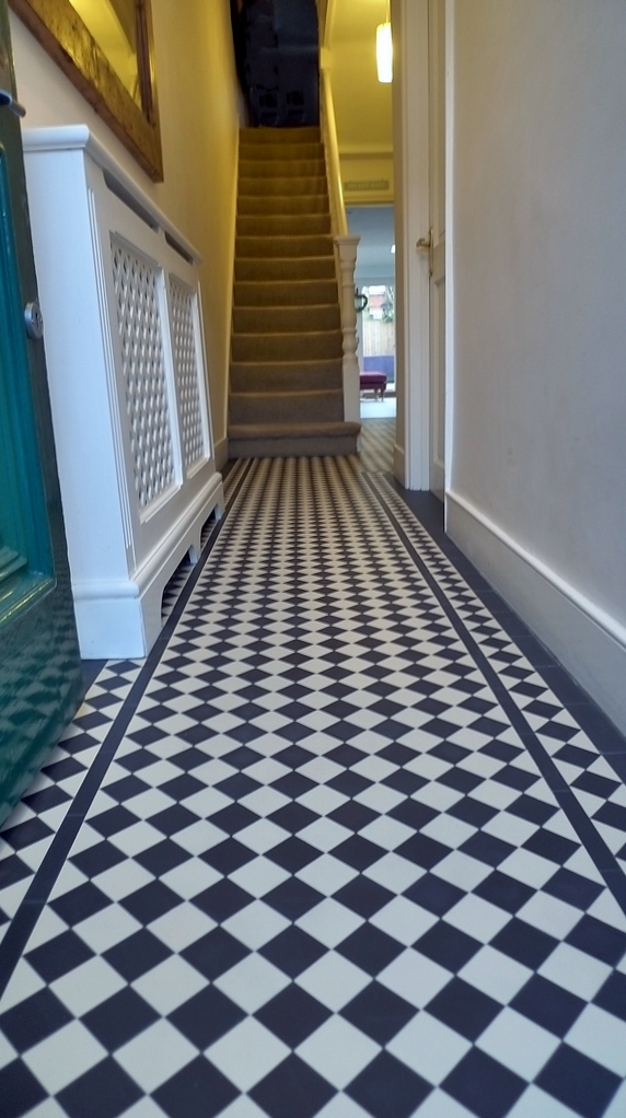 victorian black and white mosaic tile hallway path with diamond border London