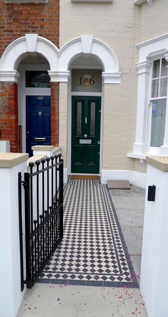 classic 50 black and white mosaic tile path new garden wall with york stone caps metal wrought iron rail and gate balham london (1)