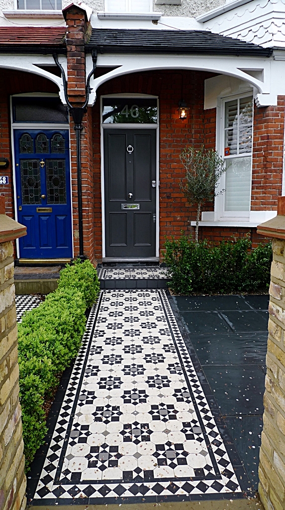 classic victorian black and white mosaic tile path london