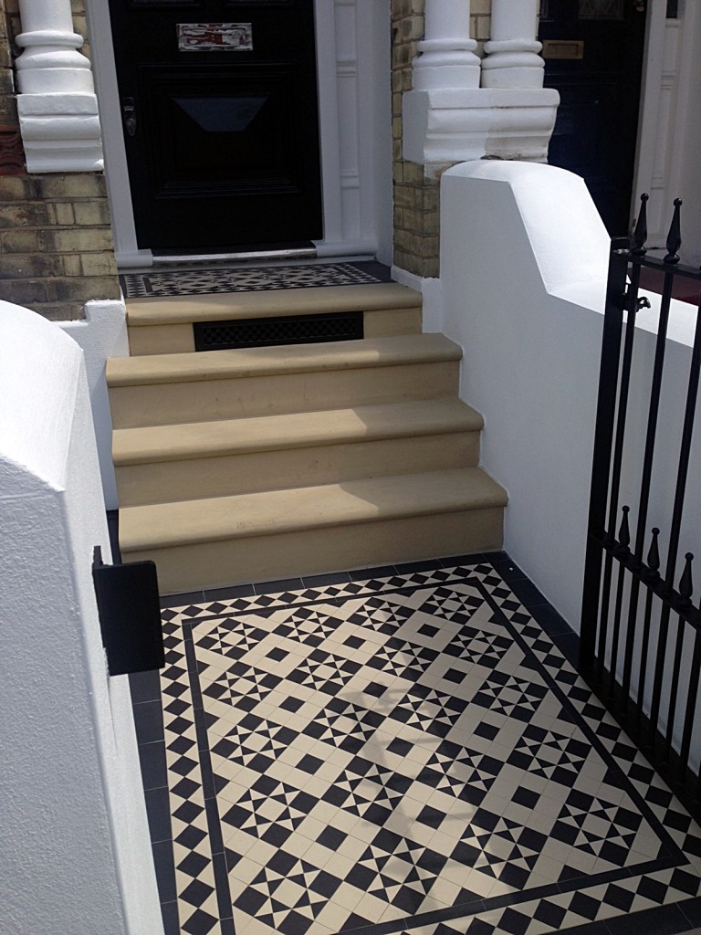 Bull nose York stone steps daisy grate Victorian mosaic tile path