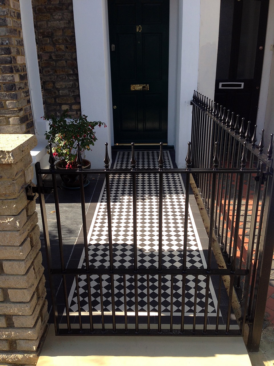 London Front Garden victorian mosaic tile path metal gate and rail