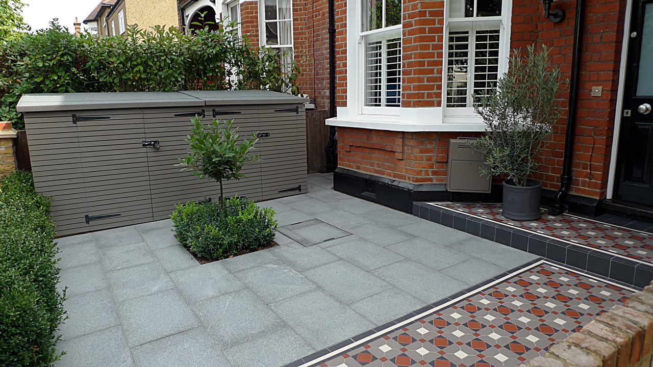 granite paving bike store topiary porch and path victorian mosaic tile path wimbeldon london