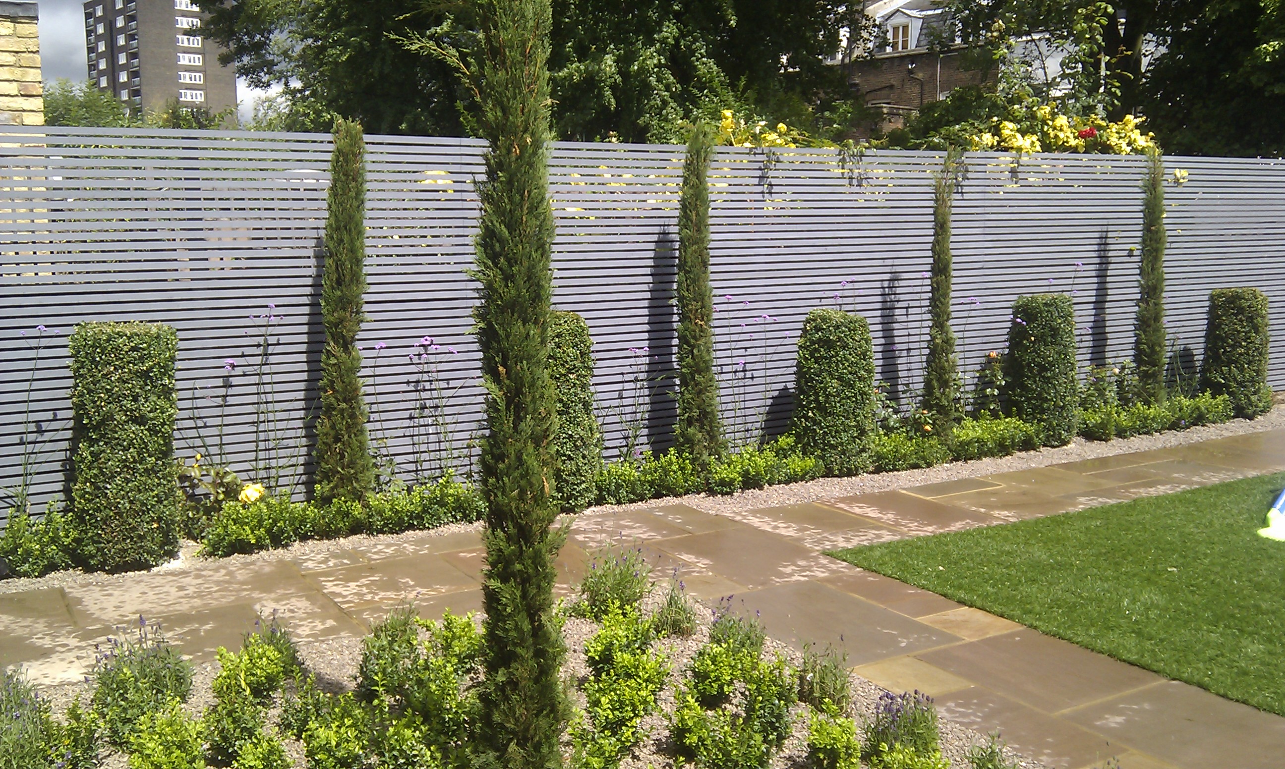 modern garden design london slatted grey privacy screen sandstone paving easy grass balau hardwood decking (1)