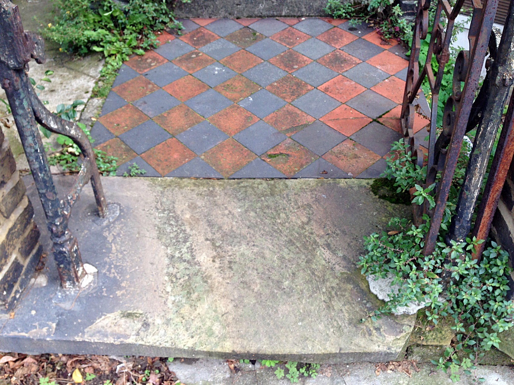 victorian original wrought iron roll back gate with old York stone quarry tile path and original London Stock brick wall Putney West Hill London# (2)