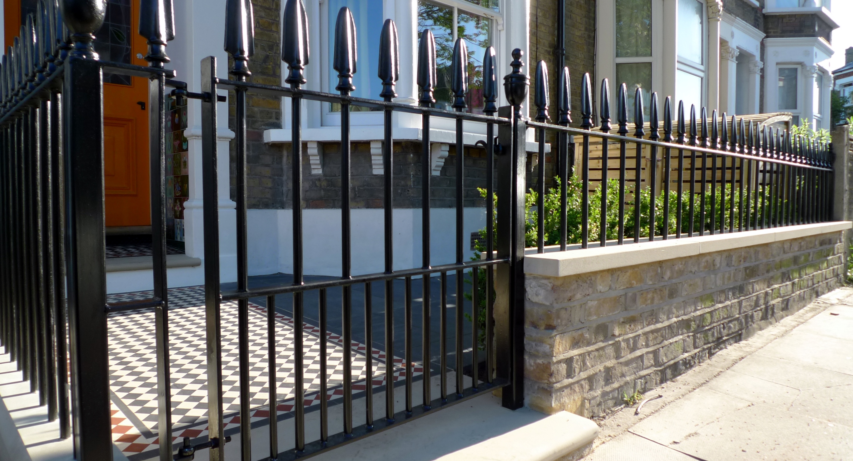 metal gate and rail victorian london front garden company mosaic paving wall yorkstone caps and bullnose london