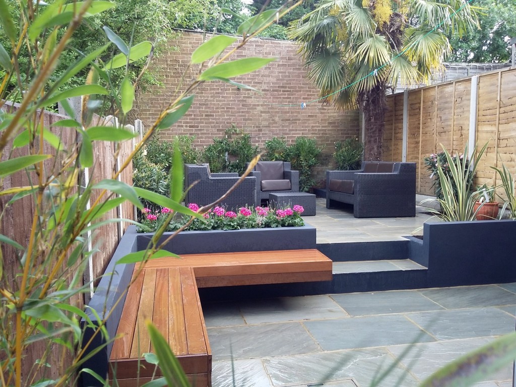 Modern garden design London natural sandstone paving patio design