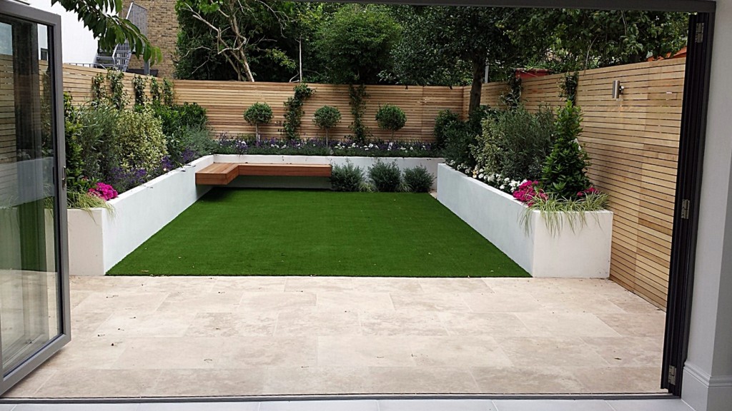 Travertine paving patio render block raised beds hardwood floating