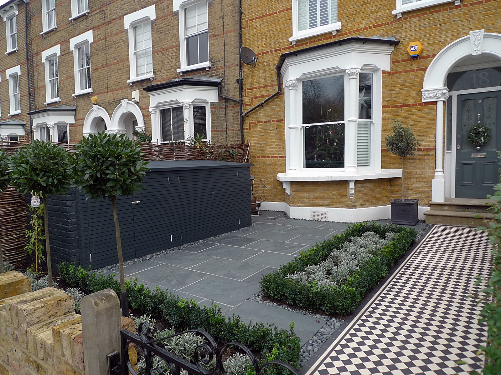 classic 50mm black and white victorian mosaic tile path slate paving knot topiary planting bespoke bin and bike store in charcoal grey colour