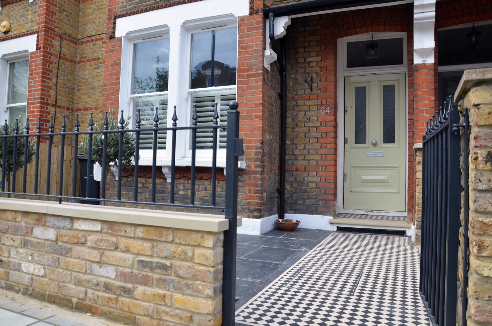 Victorian London Mosaic black and white path tile metal gate rails Batersea Clapham Balham Streatham
