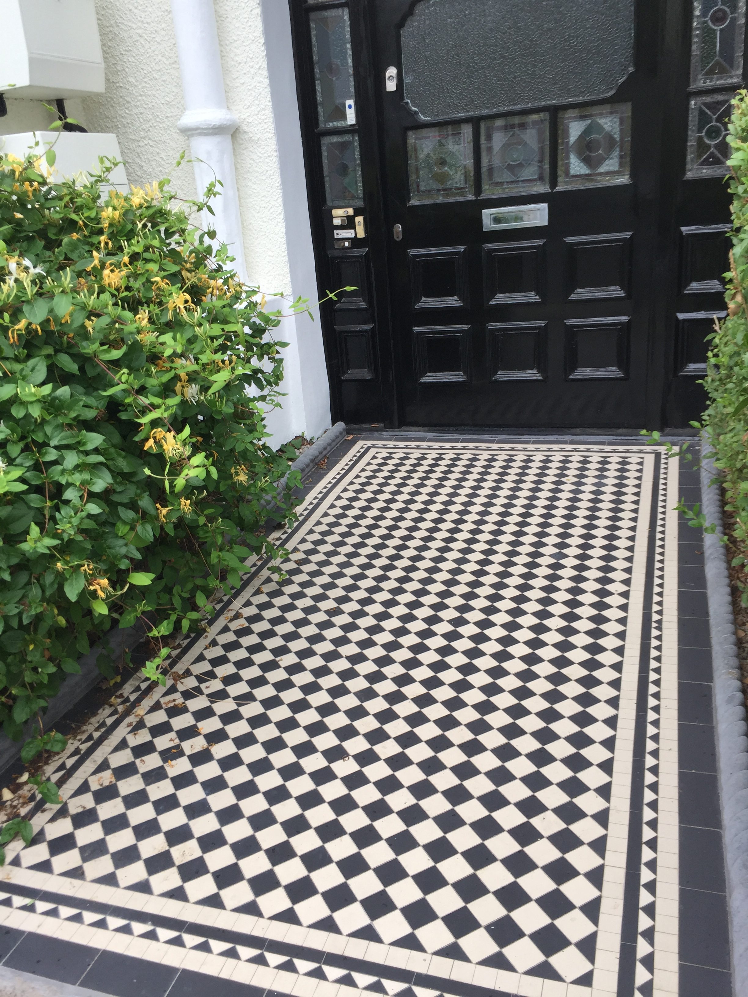 victorian mosaic tile path london grey yorkstone metal rail and gate