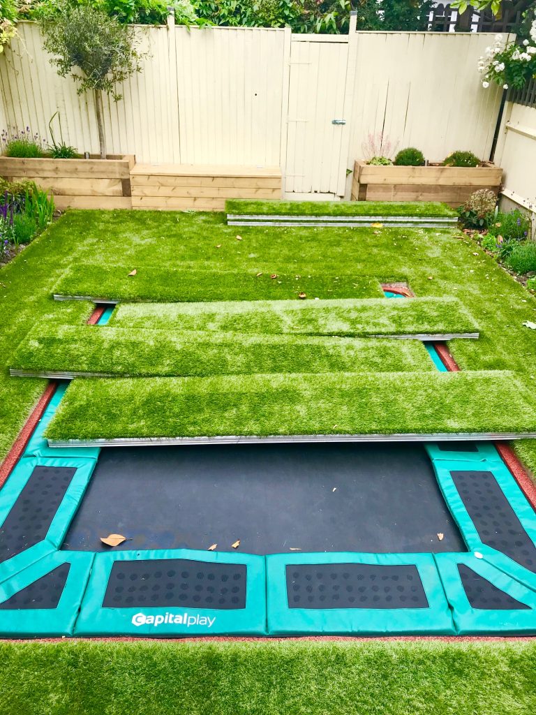 Sunken trampoline with walk on aluminum lid cover artificial grass and covers garden London